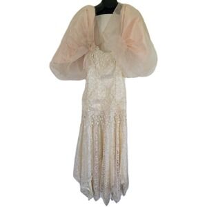 Loralie Vintage Prom Wedding Dress Women's Size‎ 8 Pink Off White Satin Lace